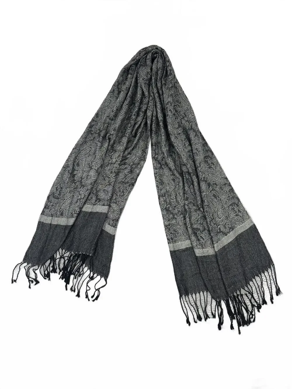 Black and Gray Paisley Patterned Scarf with Fringe